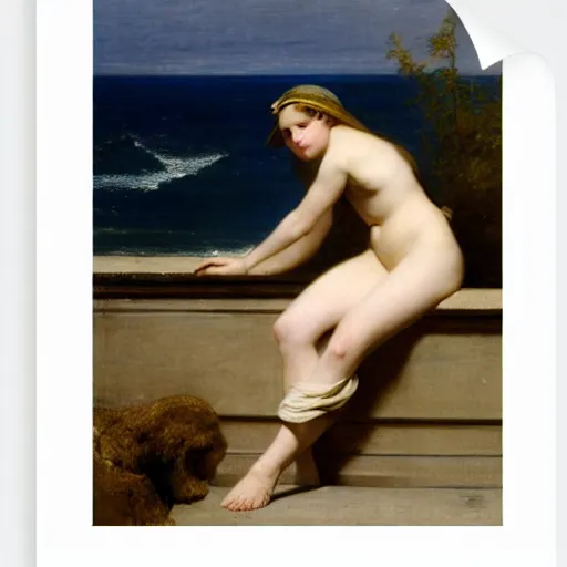 Prompt: A girl on the front of a Balustrade with a beach on the background by paul delaroche
