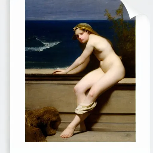 Image similar to A girl on the front of a Balustrade with a beach on the background by paul delaroche