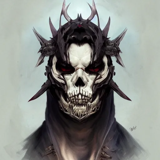 Image similar to dark fantasy character portrait of Reaper from Overwatch, wearing skull mask, dystopian mood, intricate, wild, highly detailed, digital painting, artstation, upper body, concept art, smooth, sharp focus, illustration, art by artgerm and greg rutkowski and alphonse mucha