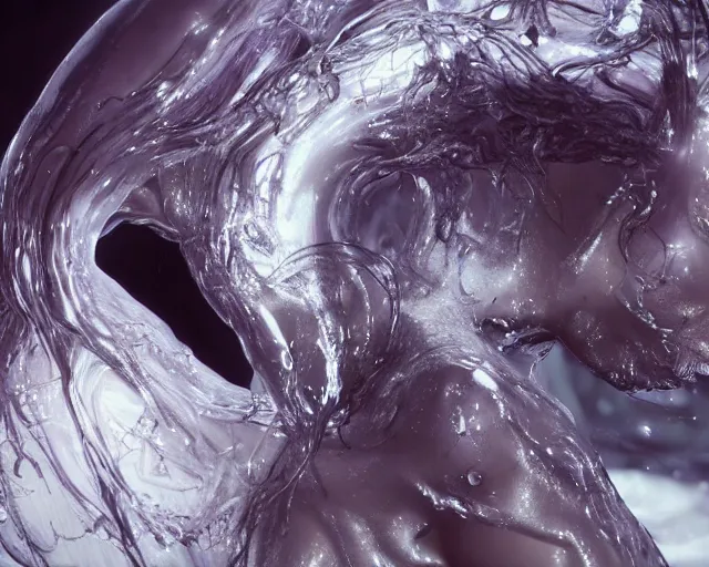 Image similar to epic full - body - shot still of kim kardashian unconscious in a transparent alien liquid, wet flowing hair, gooey skin, illustration, unreal engine 5, 8 k, made by h. r. giger.