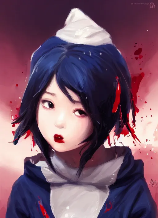 Image similar to a highly detailed illustration of black short hair cute japanese girl wearing blood stained navy hoodie with the word nevada on it, dramatic smile pose, intricate, elegant, highly detailed, centered, digital painting, artstation, concept art, smooth, sharp focus, league of legends concept art, WLOP