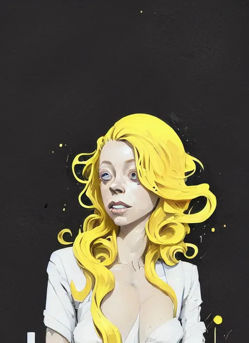 Image similar to highly detailed closeup portrait of beautiful portia doubleday, blonde wavy hair, angela moss, white suit by atey ghailan, by greg rutkowski, by greg tocchini, by james gilleard, by joe fenton, by kaethe butcher, gradient yellow, black and white color scheme, grunge aesthetic!!! ( ( graffiti tag wall background ) )