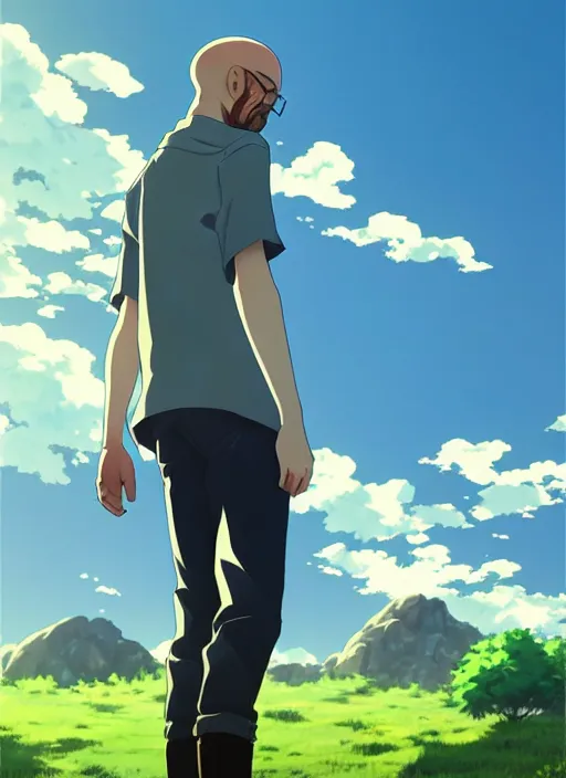 Image similar to walter white, anime style, countryside, calm, fantasy character portrait, dark outlines, dynamic pose, above view, sunny day, artwork by Makoto Shinkai, very coherent asymmetrical artwork, sharp edges, perfect face, simple form, 100mm