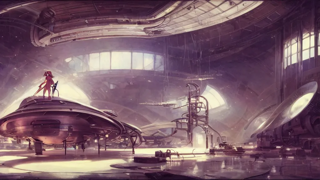 Image similar to a film still of a 1 9 5 0's mechanic anime girl repairing ufo in big hangar inside spaceship, sharp focus, finely detailed features, full body mid shot, perfect art, trending on pixiv fanbox, painted by gaston bussiere, makoto shinkai, akihiko yoshida, gaston bussiere, craig mullins