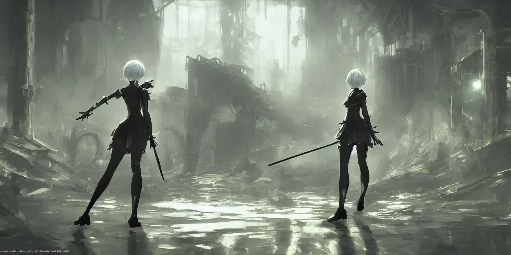 Image similar to an environmental concept art of nier automata, 2 b, highly detailed, environmental light, cinematic by francis tneh