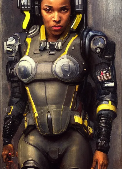 Prompt: Sgt. Sophia Igwe. Strong cyberpunk female USN Assault commando wearing a military cyberpunk exo-suit (cyberpunk 2077, bladerunner 2049). gorgeous face. Iranian orientalist portrait by john william waterhouse and Edwin Longsden Long and Theodore Ralli and Nasreddine Dinet, oil on canvas. Cinematic, hyper realism, realistic proportions, dramatic lighting, high detail 4k