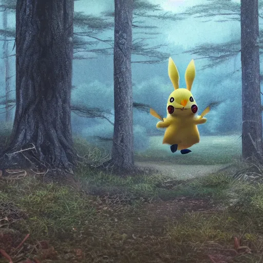 Prompt: Pikachu in a forest, early morning, misty, Patterson–Gimlin film, photorealistic