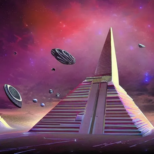 Prompt: an afrofuturist rendition of ancient pyramids launching into space