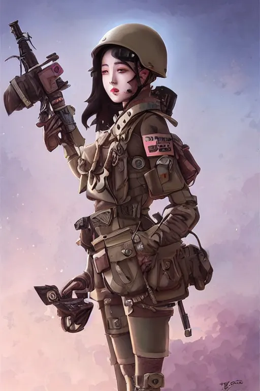 Image similar to dieselpunk blackpink jisoo as soldier girl, helmet, portrait, desert, armored, highly detailed, face detail, sharp focus, art, illustrations by rossdraws and ayanamikodon and wlop and irakli nadar and loish