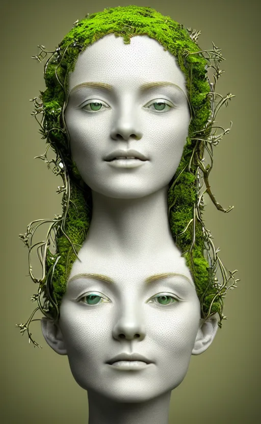 Prompt: ultra detailed complex 3d render of a beautiful porcelain profile woman face, hazel eyes, vegetal dragon cyborg, 150 mm, beautiful natural soft light, rim light, silver gold metallic details, magnolia soft lime green big leaves and stems, moss, roots, fine lace, maze like, mandelbot fractal, anatomical, facial muscles, cable wires, microchip, elegant, white metallic armour, octane render, black and white, H.R. Giger style