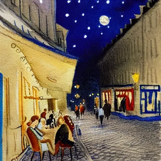 Prompt: two young edwardian women sit outside a cafe in paris at night, the moon is in the sky, the eiffel tower is visible in the background, realistic watercolour