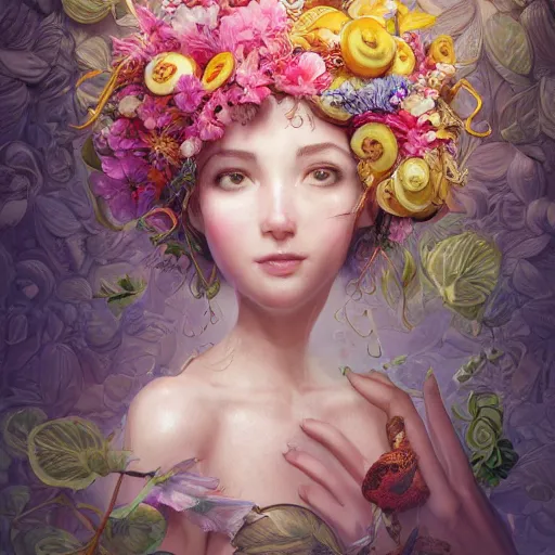 Image similar to the portrait of an absurdly beautiful, graceful, elegant, chaste, young woman made of bananas and petals looking up, an ultrafine detailed illustration by kim jung gi, irakli nadar, intricate linework, bright colors, octopath traveler, final fantasy, angular, unreal engine 5 highly rendered, global illumination, radiant light, detailed and intricate environment