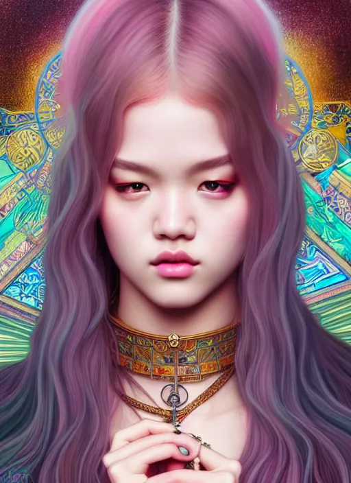 Image similar to jossi of blackpink, king, tarot card, highly detailed, digital painting, smooth, sharp focus, illustration, ultra realistic, unreal engine, 8 k, art by artgerm and alphonse mucha