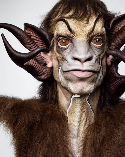 Image similar to actor Mick Jagger in Elaborate Pan Satyr Goat Man Makeup and prosthetics designed by Rick Baker, Hyperreal, Head Shots Photographed in the Style of Annie Leibovitz, Studio Lighting
