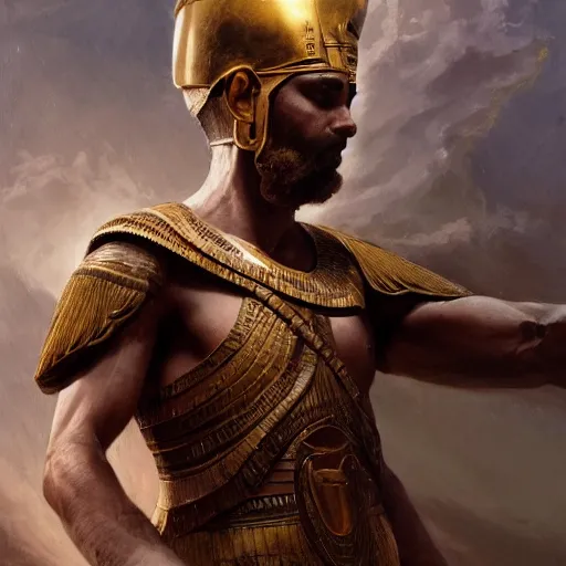 Image similar to a dramatic epic ethereal portrait of an ancient Egyptian soldier, full body with dynamic pose, male, detailed face, cinematic lighting, highly detailed oil on canvas painting by Greg Rutkowski, winning-award digital art trending on Artstation H 1024 W 832