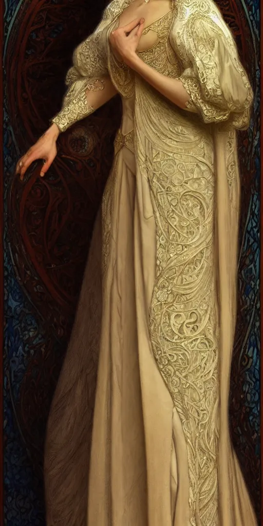 Image similar to character portrait of a modest woman, tall, feminine, powerful, modestly clothed, voluminous, intricate, elegant, highly detailed, digital painting, artstation, smooth, symmetrical, sharp focus, illustration, art by gaston bussiere and alphone mucha