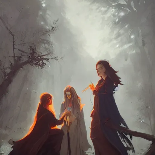 Image similar to a beautiful painting of witches reunion by greg rutkowski and zoe mozert trending on artstation