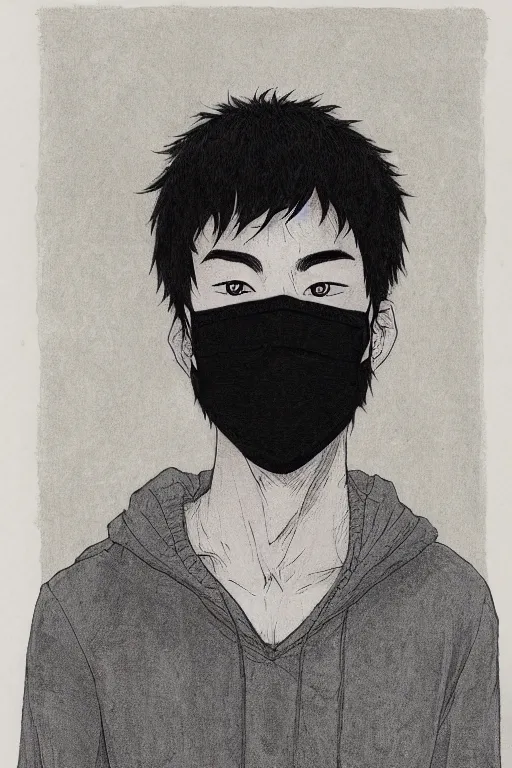 Prompt: portrait of young man wearing black medical mask, style of kentaro miura