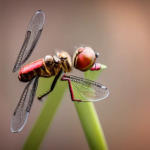 Image similar to wildlife photography of a weaopnised mechanical dragonfly, macro photography