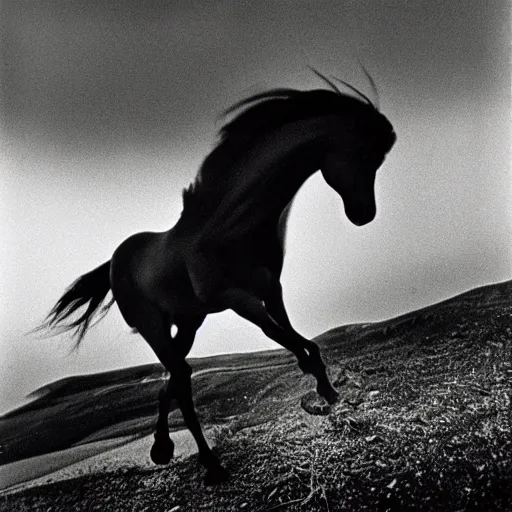 Prompt: a black Pegasus photographed by Andrej Tarkovsky, kodak 5247 stock