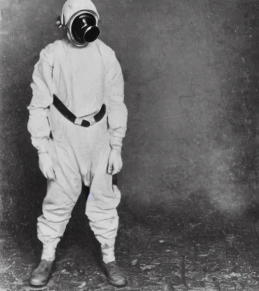 Prompt: full body shot of a man in a anti-radiation hazmat suit and gasmask, ww1 film photo, grainy, high detail, high resolution