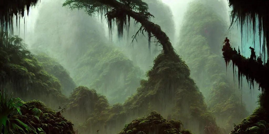 Image similar to a expressive landscape of mayan ancient jungle, artstation, award - winning realistic sci - fi concept art by jim burns and greg rutkowski, beksinski, a realism masterpiece, expressive color palette, james gilleard, bruegel, alphonse mucha, and yoshitaka amano