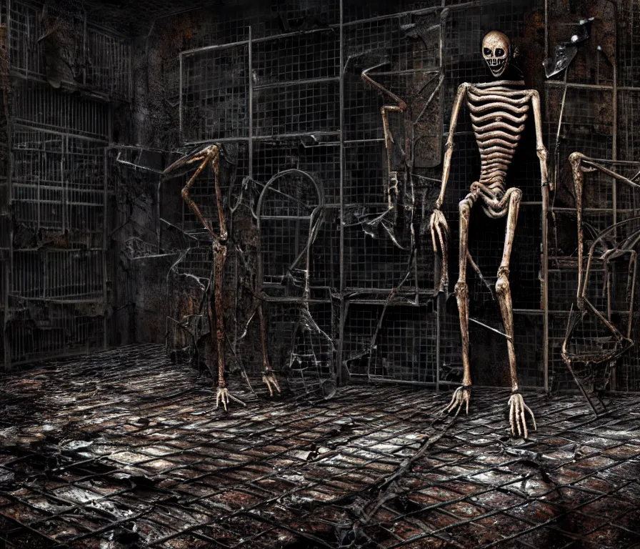 Prompt: creepy humanoid with long limbs sits on the floor. An underground very dark gloomy multi-layered structure of rusty thick iron grates, dense chain-link fencing and peeling walls. Inside view, collapsed floors, bent rusted iron, masterpiece, black background, corners, cinematic, hyperdetailed, photorealistic, hyperrealism, octane render, 8k, depth of field, bokeh, architecture, shadows, art by Zdzisław Beksiński, Arthur Rackham, Dariusz Zawadzki