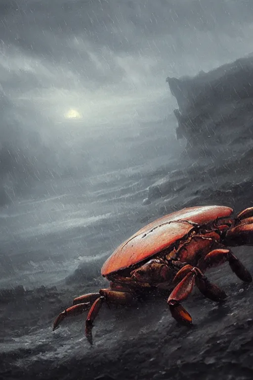 Image similar to Hyper realistic painting of a crab in plate armor, hyper detailed, thunderstorm, midnight, volumetric lighting, creepy atmosphere, by greg rutkowski