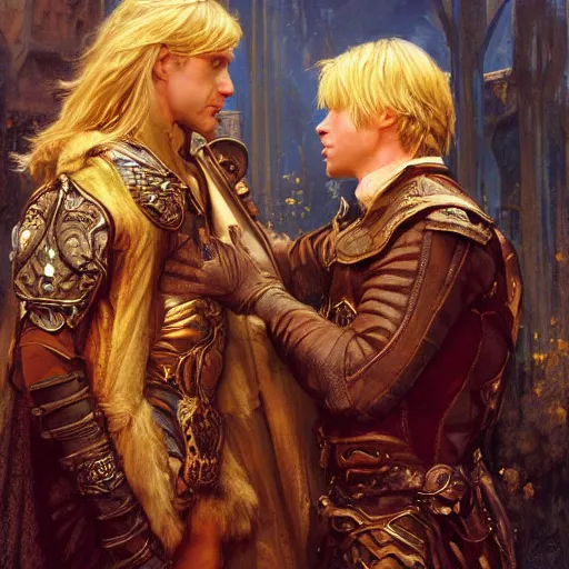 Image similar to attractive male, blond hair arthur pendragon confesses his love to attractive male dark harried merlin. highly detailed painting by gaston bussiere, craig mullins, j. c. leyendecker 8 k