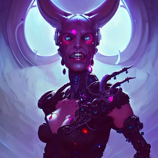 Image similar to a portrait of a beautiful demonic cybernetic grand duchess of hell, cyberpunk concept art by pete mohrbacher and wlop and artgerm and josan gonzales, digital art, highly detailed, intricate, sci-fi, sharp focus, Trending on Artstation HQ, deviantart, unreal engine 5, 4K UHD image