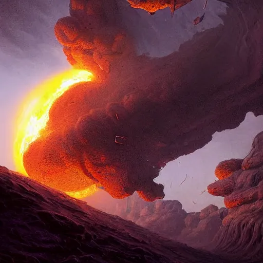 Image similar to A digital painting of a meteorite made of an insect hive burning up in the atmosphere, Wayne Barlowe Greg Rutkowski Jessica Rossier