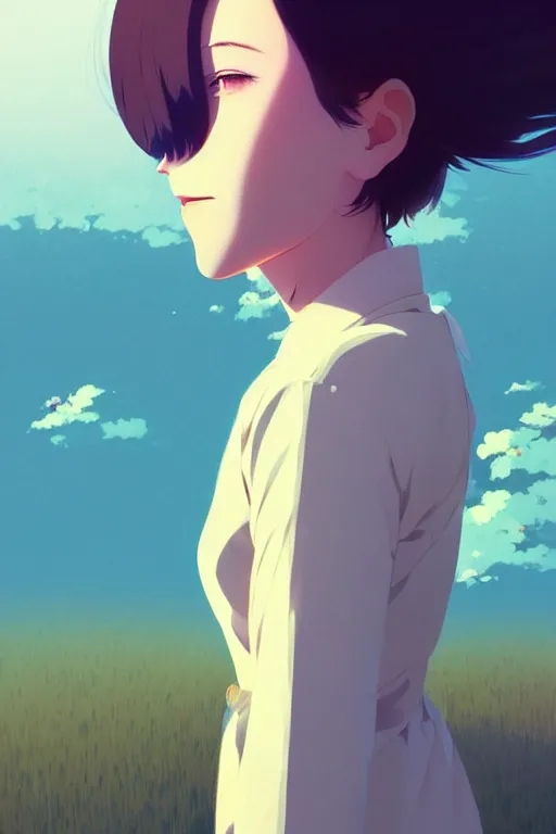 Image similar to portrait of a smiling girl by ilya kuvshinov, cloudy sky background lush landscape ln illustration concept art anime key visual trending pixiv by victo ngai fanbox by greg rutkowski makoto shinkai takashi takeuchi studio ghibli