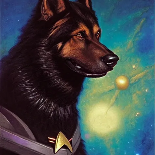 Image similar to a portrait of a man depicted as a black german shepherd dogman canine, star trek the next generation. highly detailed painting by gaston bussiere, craig mullins, j. c. leyendecker, furry