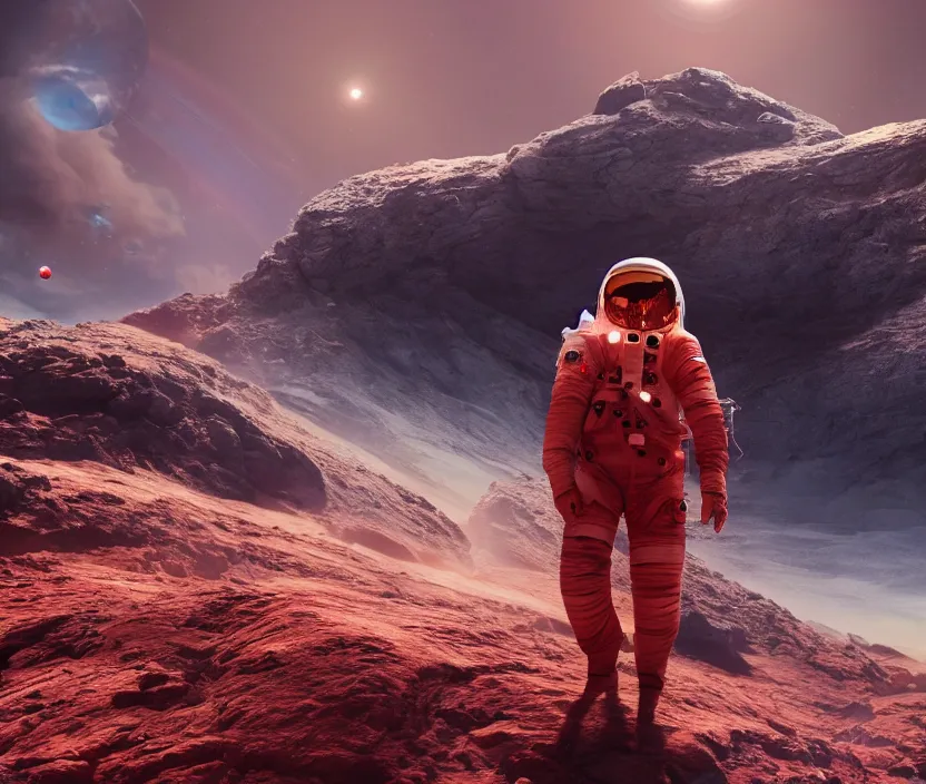 Prompt: a astronaut walking on a mountainous alien planet with a giant red planet with rings appearing in the sky at night, digital art, concept art, trending on DeviantArt, highly detailed, high quality, 8K, cinematic lighting