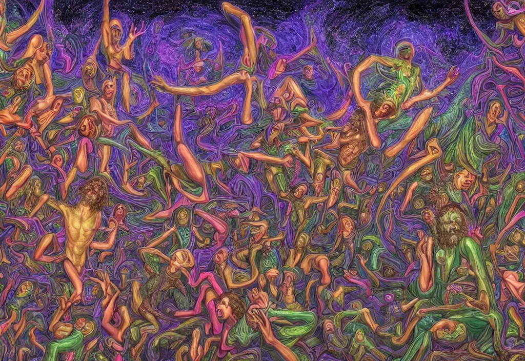 Image similar to Terence McKenna meeting elves, by Alex Grey, psychedelic, UHD, 8K High Definition