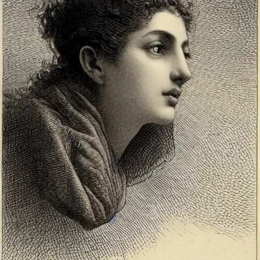 Image similar to extreme close-up, portrait of a young french woman talking at mobile phone, Gustave Dore lithography