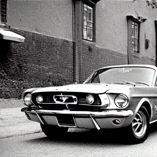 Prompt: a mustang parked by the street, 1960s