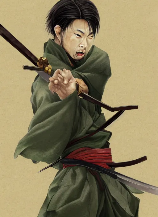 Prompt: portrait of a japanese handsome man with green short hair, a scar on his left eye, holding a katana with his mouth, 3 katanas on his hips, japanese demon aura behind him, wearing a traditional samurai dress, intricate, highly detailed, digital painting, artstation, concept art, smooth, sharp focus, illustration, art by Charlie Bowater and Gustave Baumann, matte painting