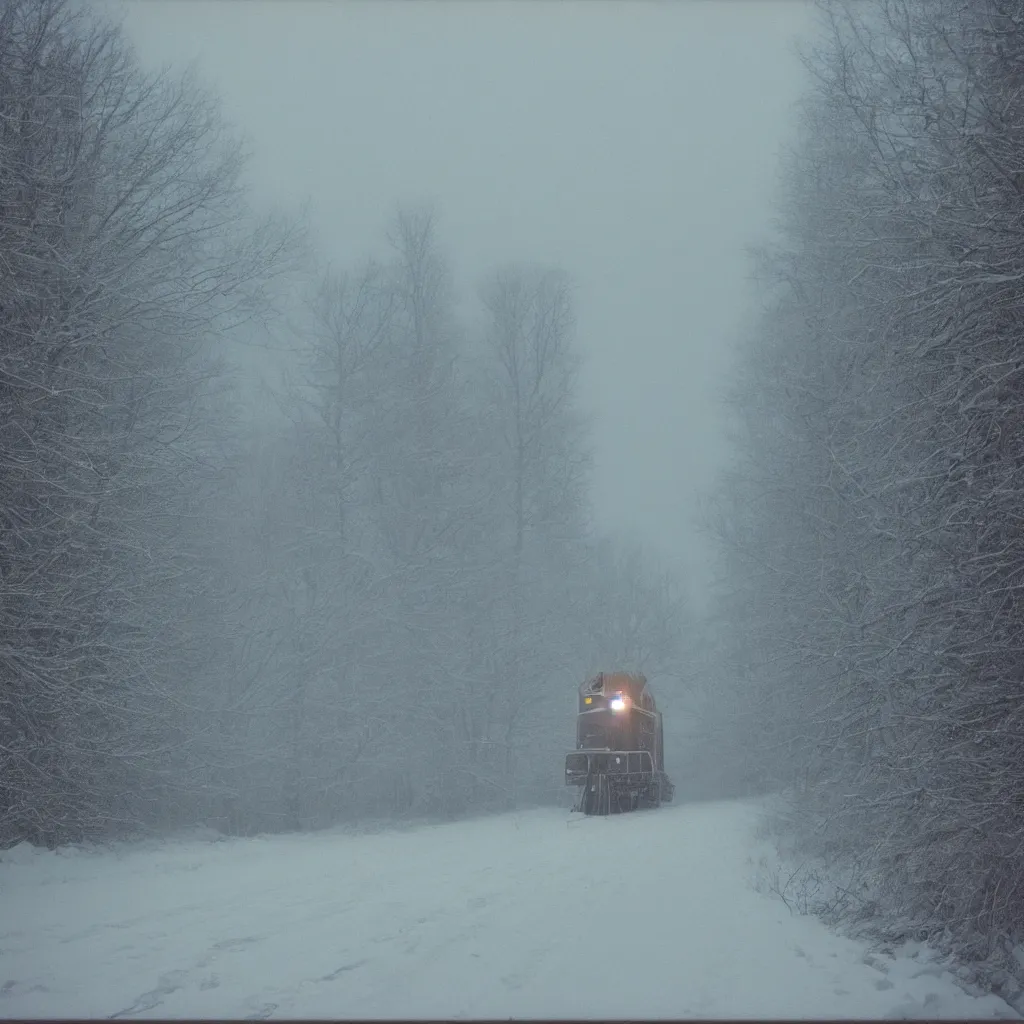 Image similar to photo of ge dash 9 is in the distance with a bright headlight. cold color temperature, snow storm. hazy atmosphere. humidity haze. kodak ektachrome, greenish expired film, award winning, low contrast,