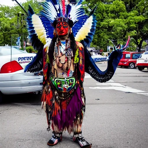 Image similar to full body photo of an indigenous chologoth shaman dressed with a quetzalcoatl feathered serpent dancing over a lowrider police patrol in brooklyn