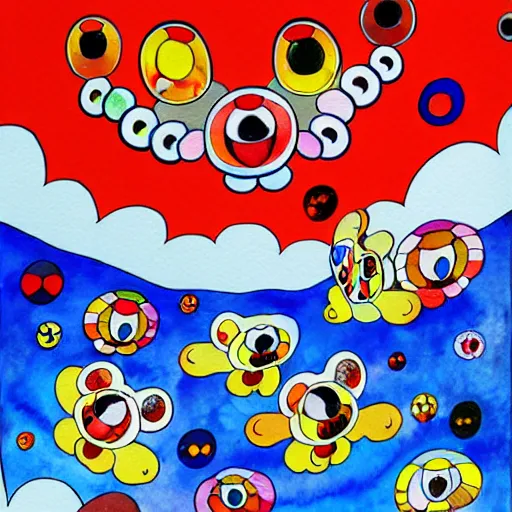 Image similar to Three bright red demons flying up from a desert canyon in the style of Takashi Murakami, highly detailed, watercolor background, Kids See Ghosts