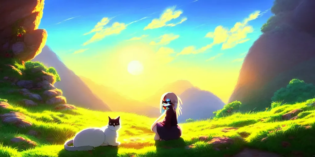 Image similar to the girl and the cat. beautiful sunrise. small village in the mountains. rocky roads, beautifull puffy clouds. anime, studio ghibli. intricate, elegant, super highly detailed, professional digital painting, artstation, concept art, smooth, Unreal Engine 5, 8k resolution, cinema 4d, 3D, beautiful, cinematic