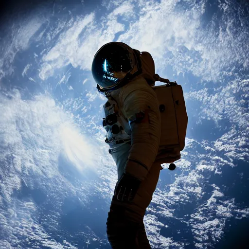 Prompt: photograph of an astronaut against the pitch black darkness of space, full body photo, amazing light and shadow contrast,, 8 k