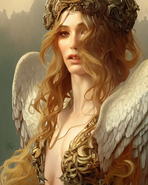 Image similar to portrait of an female fallen angel, d & d, fantasy, intricate, elegant, highly detailed, digital painting, artstation, concept art, smooth, sharp focus, illustration, art by artgerm and greg rutkowski and alphonse mucha