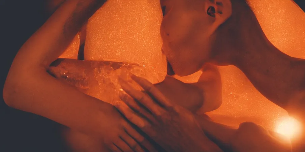 Image similar to sensual bodies intertwined in orange light, wet skin, close together, holding each other tight, drops of water, beautiful hands, no head, no face, torso, backlit, 8 k, realistic