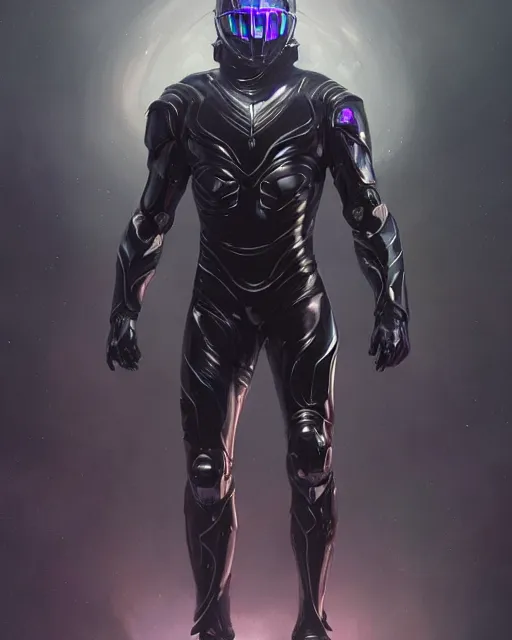 Image similar to iridescent wiry muscular male smooth sleek glossy black pearlescent scifi armor with smooth black featureless helmet, by greg rutkowski and mark brookes and jim burns and tom bagshaw and magali villeneuve, trending on artstation