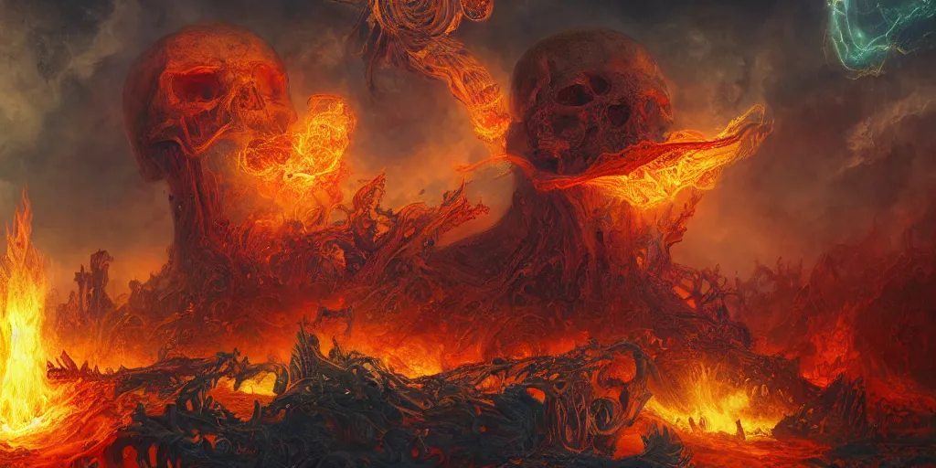 Image similar to gigantic demonic cosmic skull of death and fire, outer space, fantasy painting, ultra realistic, dmt, symmetrical, wide angle, intricate details, digital painting, rainbowshift, vivid colors, highly detailed by peter mohrbacher, h. r. giger, maxfield parrish, craig mullins, octane render, cgi