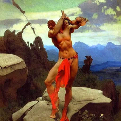 Image similar to a red, muscular dragon in a rocky desert by paul delaroche, alphonse mucha and arnold böcklin arnold böcklin hyperrealistic 8k, very detailed