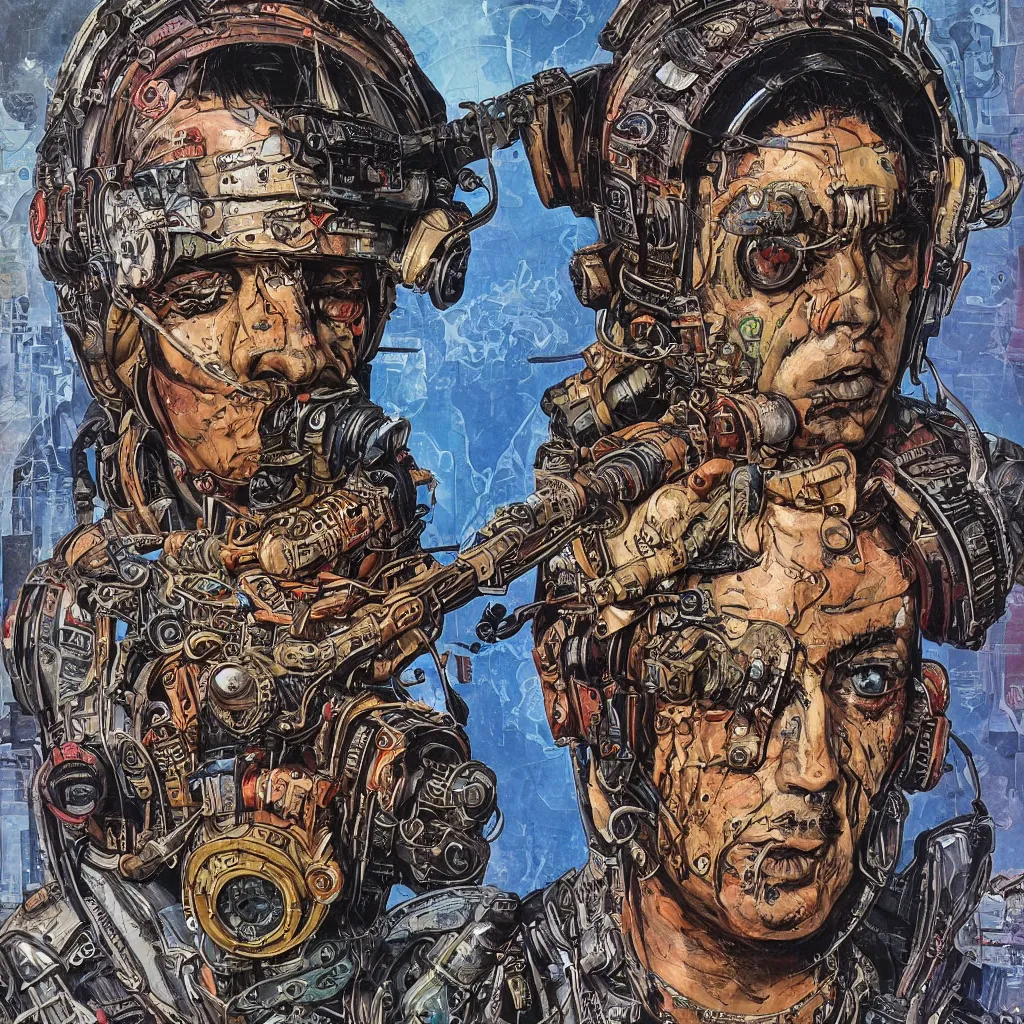 Image similar to A dramatic full-color cyberpunk art nouveau styled bust portrait of philthy animal taylor as a futuristic space punk rebel drum soldier, hyperdetailed mixed media artwork combining the styles of Travis Charest, Michael Whelan, Chris Achilleos and Sam Kieth, wild power, stoicism, pessimism, confident shaded eyes, tarnished and rusted metal, wrought iron architecture, perfectly symmetrical facial features, 8k, deeply hyperdetailed, cinematic lighting, realistic mechanical details, 8k, UHD, HDR