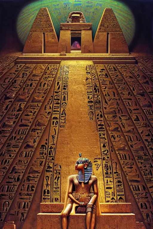 Prompt: a hyperrealistic painting of a ancient egyptian mummies tomb with magical iridescent scarabs and embellished ornate old statues walls of hieroglyphics, cinematic horror by chris cunningham, lisa frank, richard corben, highly detailed, vivid color, beksinski painting, part by adrian ghenie and gerhard richter. art by takato yamamoto. masterpiece